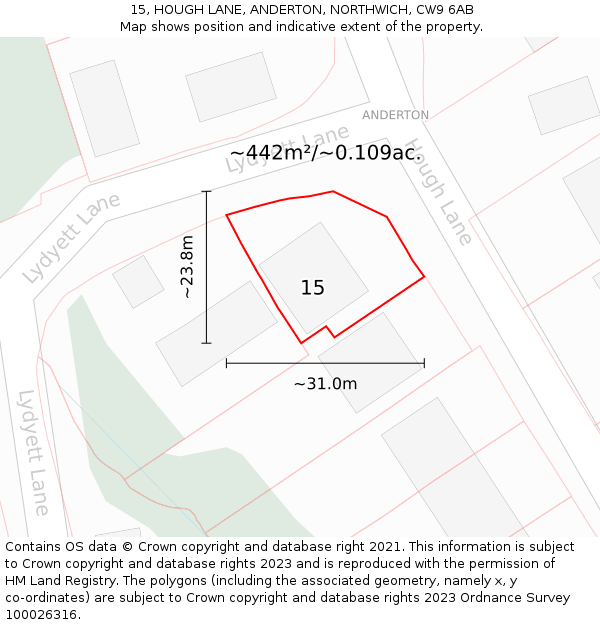 15, HOUGH LANE, ANDERTON, NORTHWICH, CW9 6AB: Plot and title map