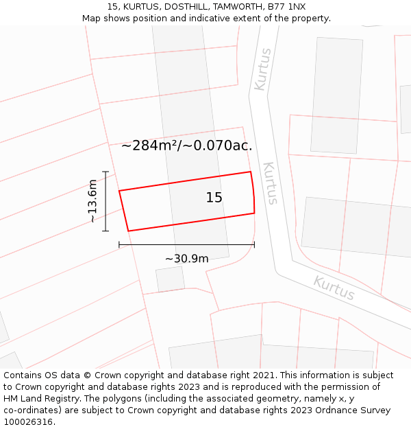 15, KURTUS, DOSTHILL, TAMWORTH, B77 1NX: Plot and title map