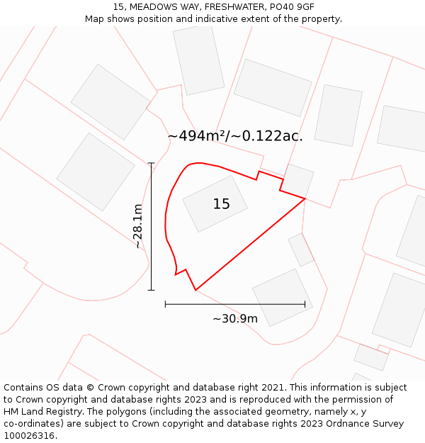 15, MEADOWS WAY, FRESHWATER, PO40 9GF: Plot and title map