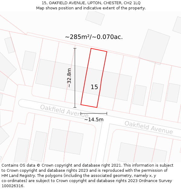 15, OAKFIELD AVENUE, UPTON, CHESTER, CH2 1LQ: Plot and title map