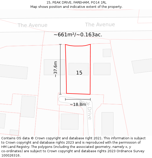 15, PEAK DRIVE, FAREHAM, PO14 1RL: Plot and title map