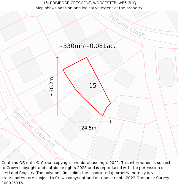 15, PRIMROSE CRESCENT, WORCESTER, WR5 3HQ: Plot and title map