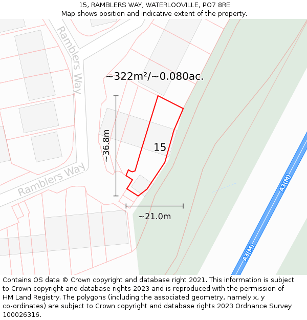 15, RAMBLERS WAY, WATERLOOVILLE, PO7 8RE: Plot and title map
