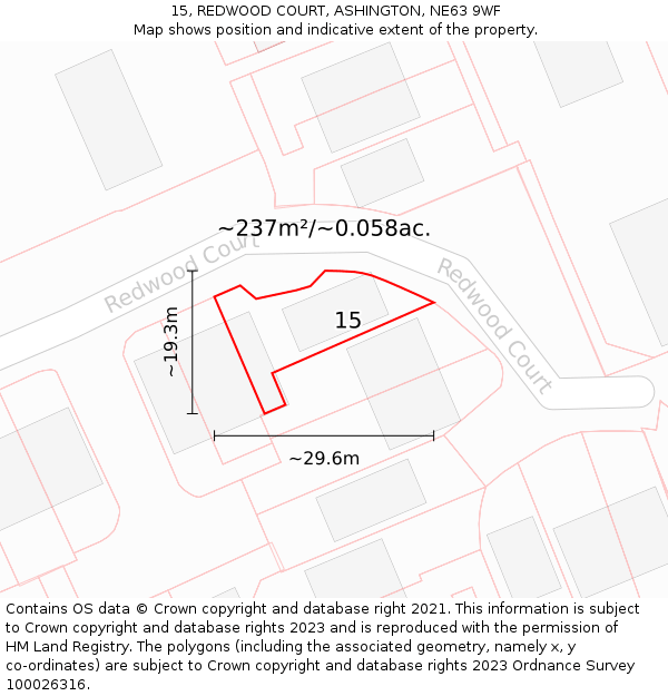 15, REDWOOD COURT, ASHINGTON, NE63 9WF: Plot and title map