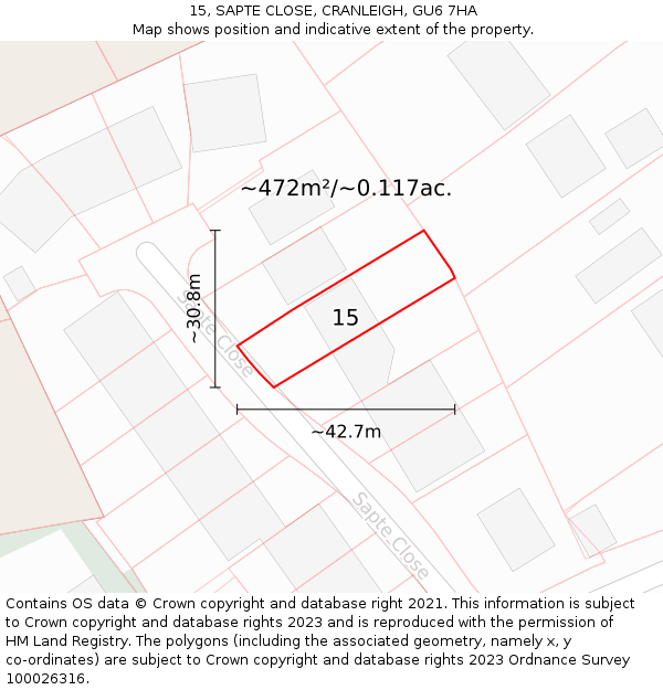 15, SAPTE CLOSE, CRANLEIGH, GU6 7HA: Plot and title map