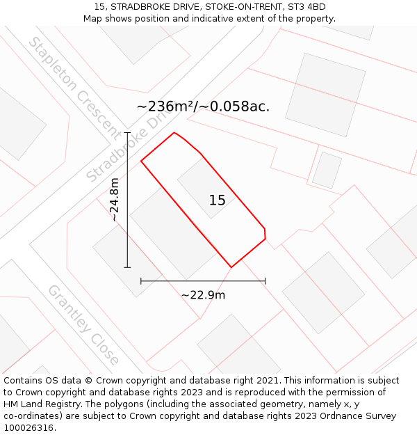 15, STRADBROKE DRIVE, STOKE-ON-TRENT, ST3 4BD: Plot and title map