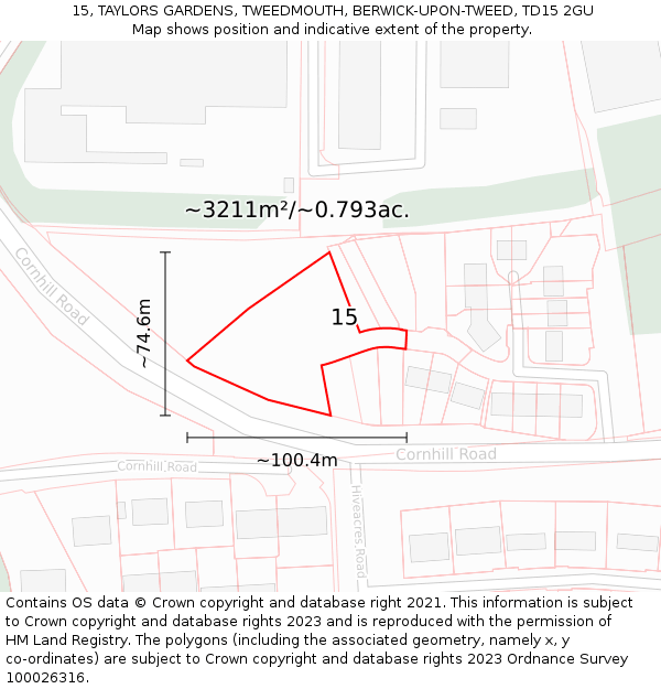 15, TAYLORS GARDENS, TWEEDMOUTH, BERWICK-UPON-TWEED, TD15 2GU: Plot and title map