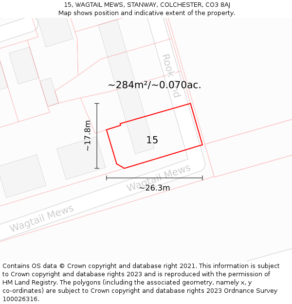 15, WAGTAIL MEWS, STANWAY, COLCHESTER, CO3 8AJ: Plot and title map