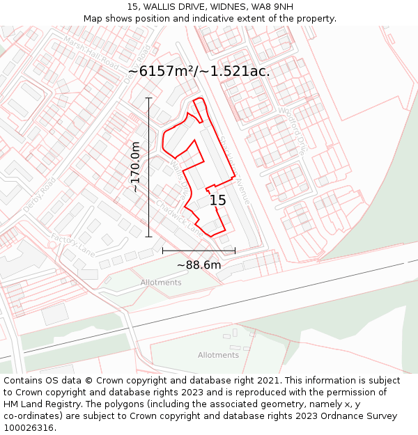 15, WALLIS DRIVE, WIDNES, WA8 9NH: Plot and title map