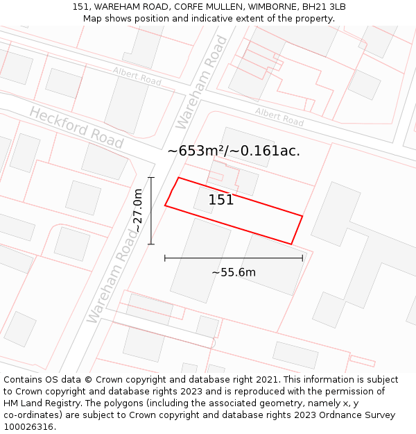 151, WAREHAM ROAD, CORFE MULLEN, WIMBORNE, BH21 3LB: Plot and title map