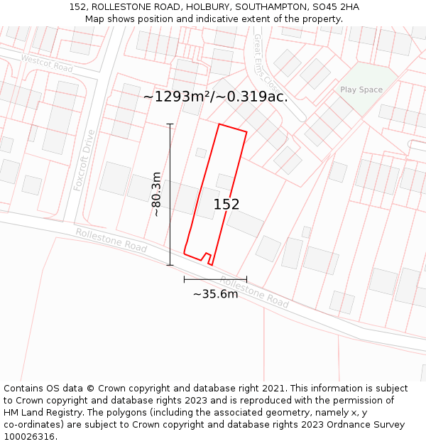 152, ROLLESTONE ROAD, HOLBURY, SOUTHAMPTON, SO45 2HA: Plot and title map