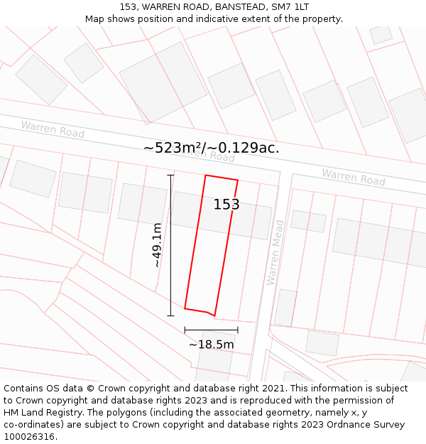 153, WARREN ROAD, BANSTEAD, SM7 1LT: Plot and title map