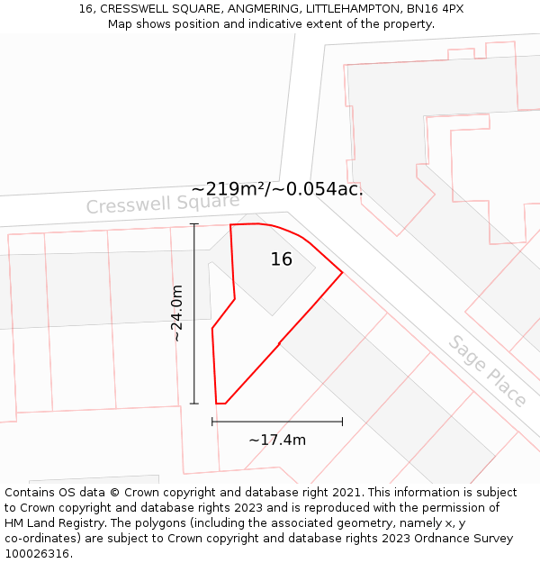 16, CRESSWELL SQUARE, ANGMERING, LITTLEHAMPTON, BN16 4PX: Plot and title map