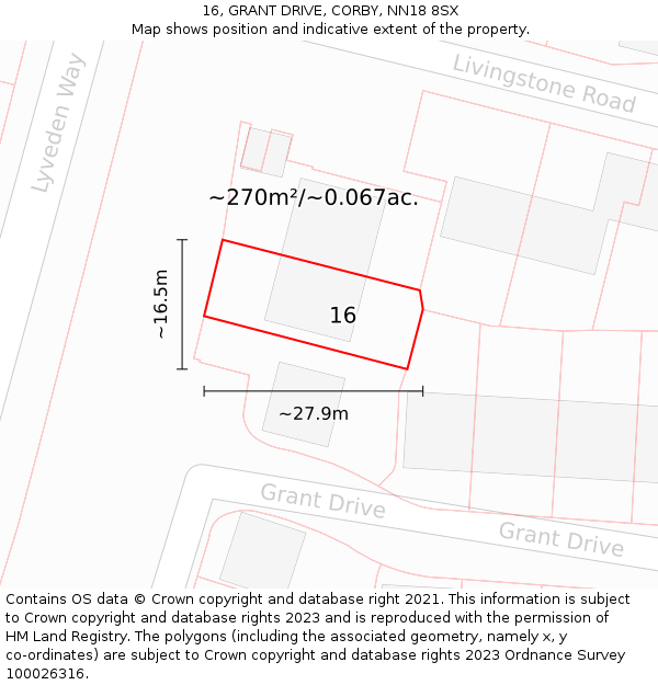 16, GRANT DRIVE, CORBY, NN18 8SX: Plot and title map