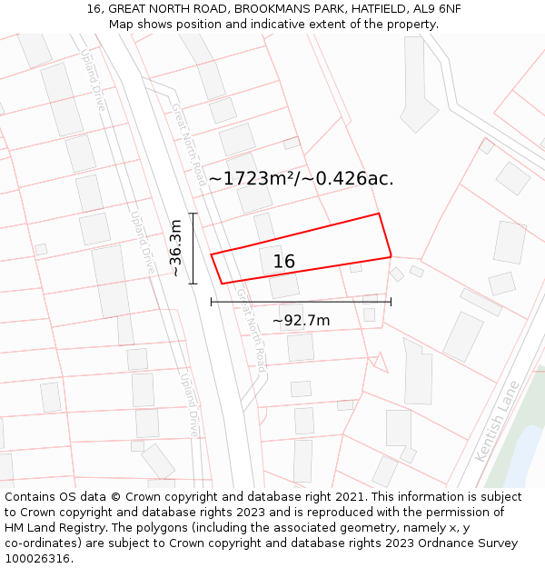 16, GREAT NORTH ROAD, BROOKMANS PARK, HATFIELD, AL9 6NF: Plot and title map