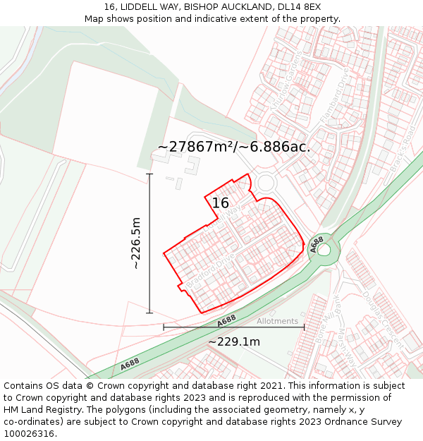 16, LIDDELL WAY, BISHOP AUCKLAND, DL14 8EX: Plot and title map