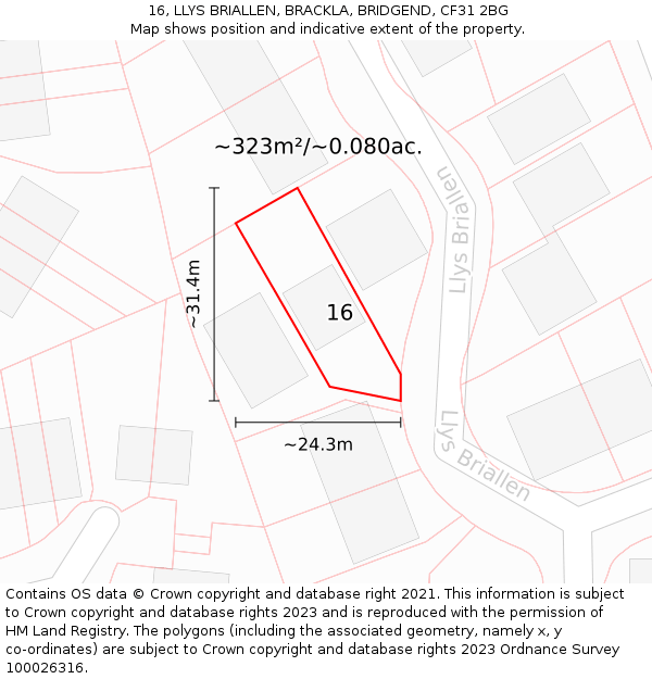 16, LLYS BRIALLEN, BRACKLA, BRIDGEND, CF31 2BG: Plot and title map