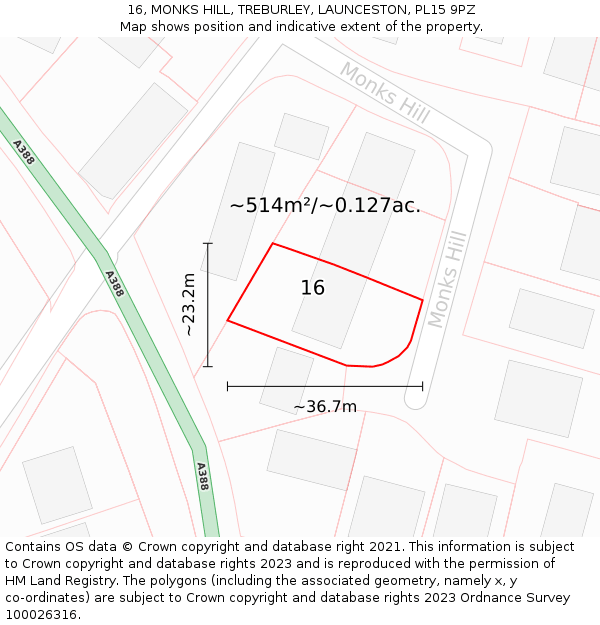 16, MONKS HILL, TREBURLEY, LAUNCESTON, PL15 9PZ: Plot and title map