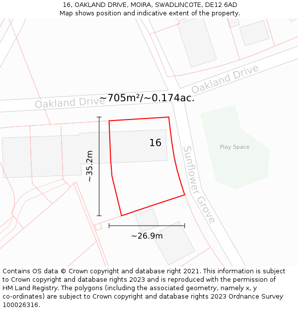 16, OAKLAND DRIVE, MOIRA, SWADLINCOTE, DE12 6AD: Plot and title map