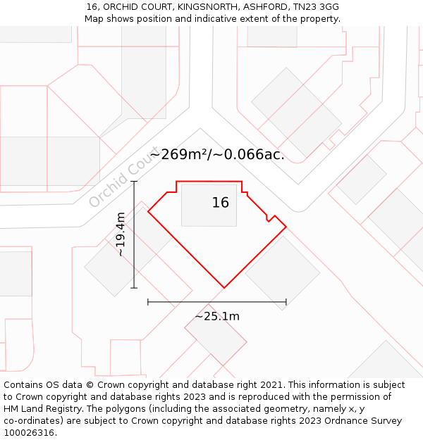 16, ORCHID COURT, KINGSNORTH, ASHFORD, TN23 3GG: Plot and title map