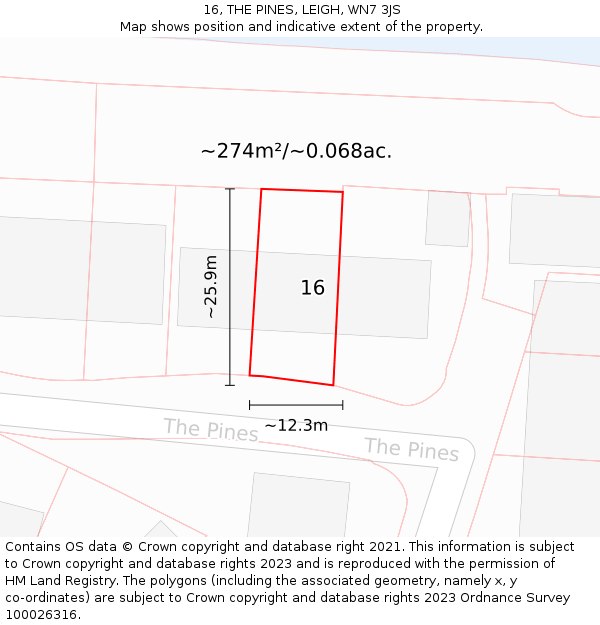 16, THE PINES, LEIGH, WN7 3JS: Plot and title map