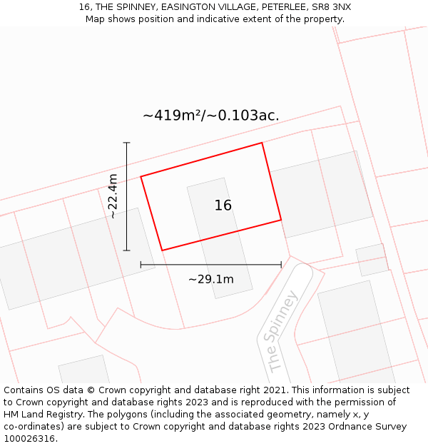 16, THE SPINNEY, EASINGTON VILLAGE, PETERLEE, SR8 3NX: Plot and title map