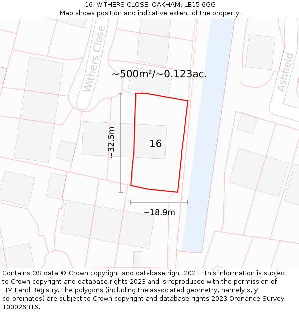 16, WITHERS CLOSE, OAKHAM, LE15 6GG: Plot and title map