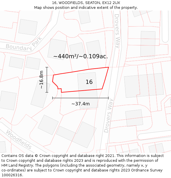 16, WOODFIELDS, SEATON, EX12 2UX: Plot and title map