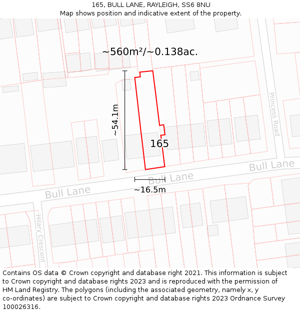 165, BULL LANE, RAYLEIGH, SS6 8NU: Plot and title map