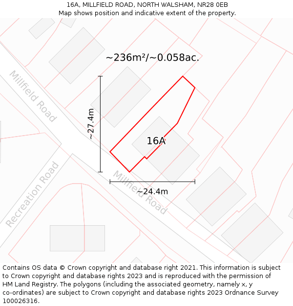 16A, MILLFIELD ROAD, NORTH WALSHAM, NR28 0EB: Plot and title map