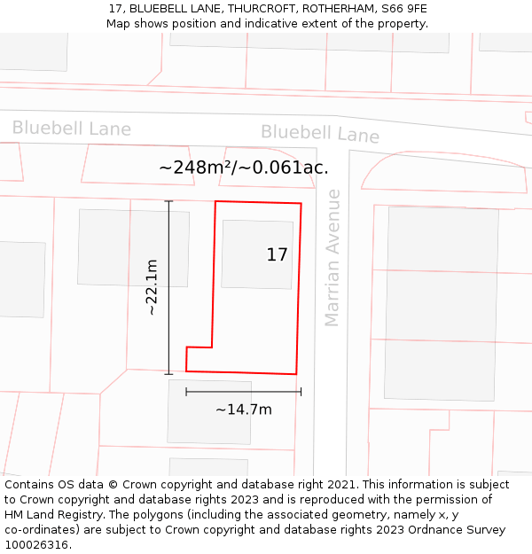 17, BLUEBELL LANE, THURCROFT, ROTHERHAM, S66 9FE: Plot and title map