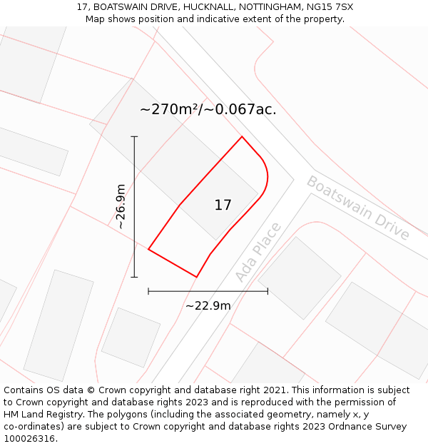 17, BOATSWAIN DRIVE, HUCKNALL, NOTTINGHAM, NG15 7SX: Plot and title map