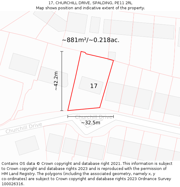 17, CHURCHILL DRIVE, SPALDING, PE11 2RL: Plot and title map