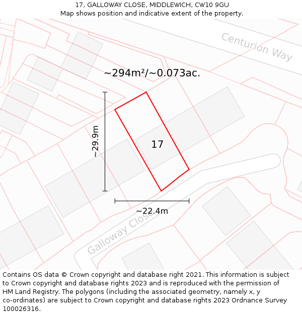 17, GALLOWAY CLOSE, MIDDLEWICH, CW10 9GU: Plot and title map