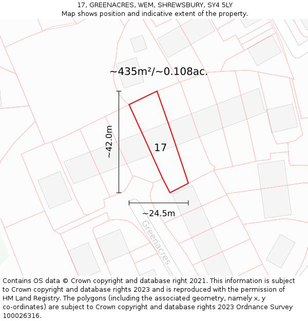 17, GREENACRES, WEM, SHREWSBURY, SY4 5LY: Plot and title map