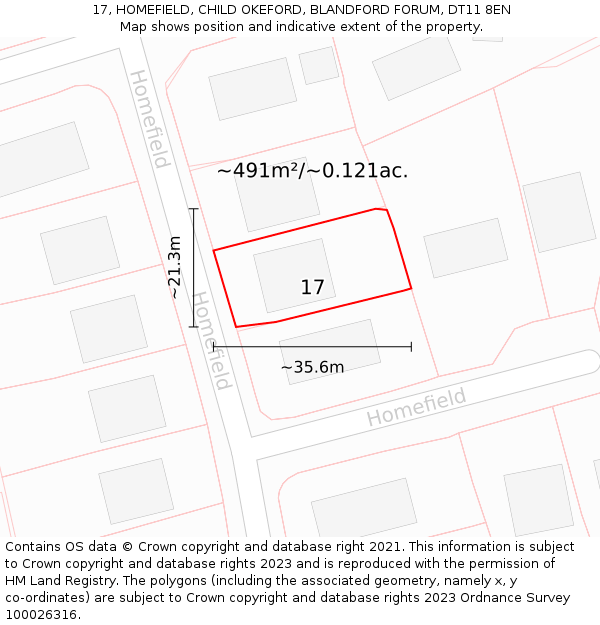 17, HOMEFIELD, CHILD OKEFORD, BLANDFORD FORUM, DT11 8EN: Plot and title map