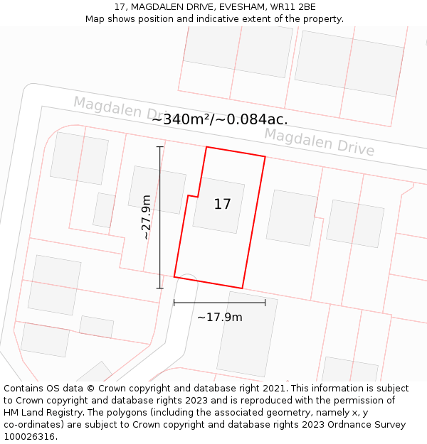 17, MAGDALEN DRIVE, EVESHAM, WR11 2BE: Plot and title map