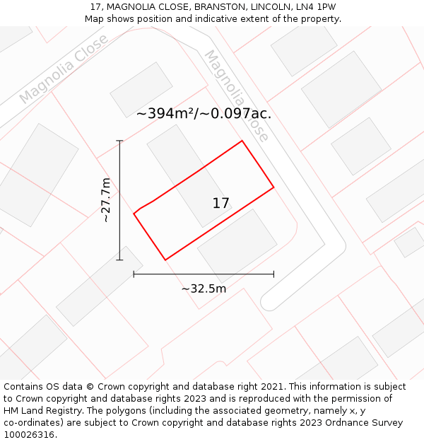 17, MAGNOLIA CLOSE, BRANSTON, LINCOLN, LN4 1PW: Plot and title map