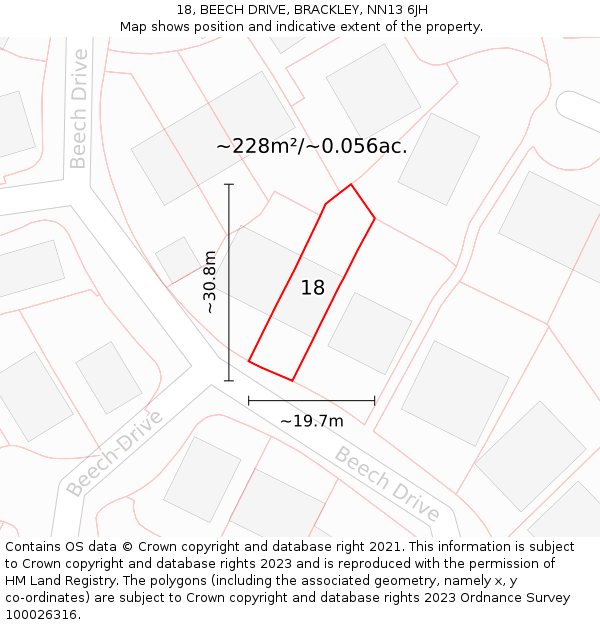 18, BEECH DRIVE, BRACKLEY, NN13 6JH: Plot and title map