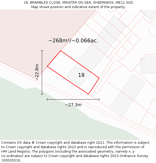 18, BRAMBLES CLOSE, MINSTER ON SEA, SHEERNESS, ME12 3GD: Plot and title map