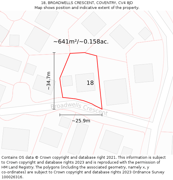 18, BROADWELLS CRESCENT, COVENTRY, CV4 8JD: Plot and title map