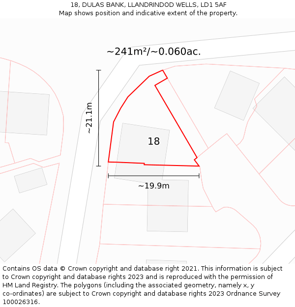 18, DULAS BANK, LLANDRINDOD WELLS, LD1 5AF: Plot and title map