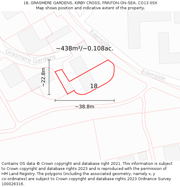 18, GRASMERE GARDENS, KIRBY CROSS, FRINTON-ON-SEA, CO13 0SX: Plot and title map