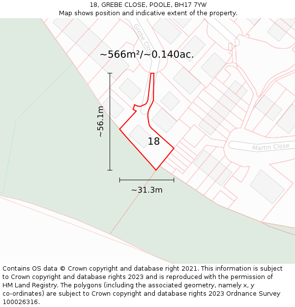 18, GREBE CLOSE, POOLE, BH17 7YW: Plot and title map