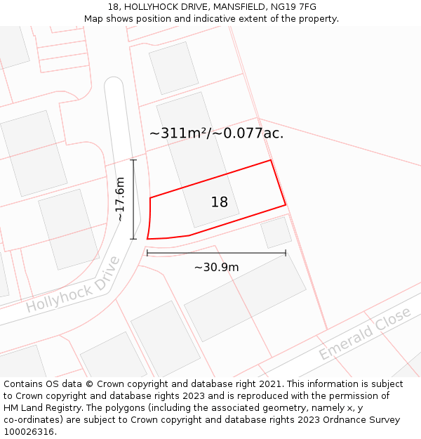 18, HOLLYHOCK DRIVE, MANSFIELD, NG19 7FG: Plot and title map