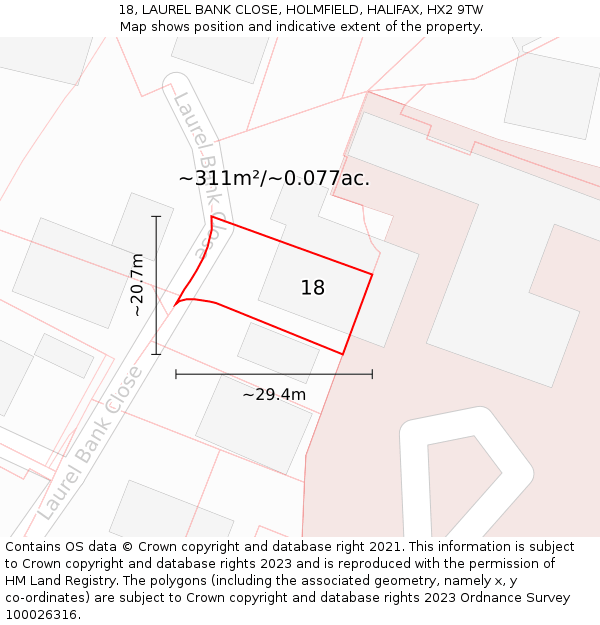 18, LAUREL BANK CLOSE, HOLMFIELD, HALIFAX, HX2 9TW: Plot and title map