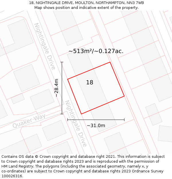 18, NIGHTINGALE DRIVE, MOULTON, NORTHAMPTON, NN3 7WB: Plot and title map