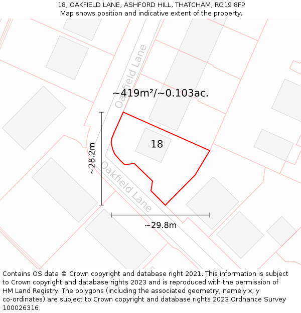 18, OAKFIELD LANE, ASHFORD HILL, THATCHAM, RG19 8FP: Plot and title map