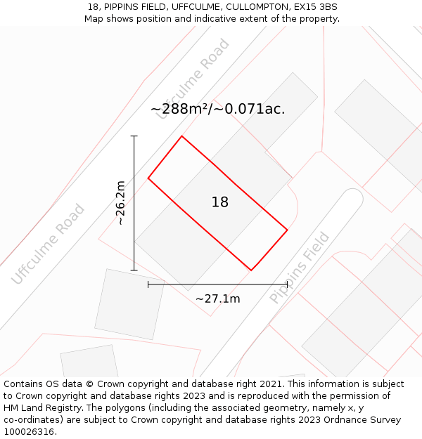 18, PIPPINS FIELD, UFFCULME, CULLOMPTON, EX15 3BS: Plot and title map