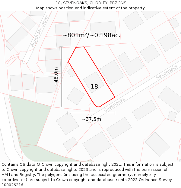 18, SEVENOAKS, CHORLEY, PR7 3NS: Plot and title map